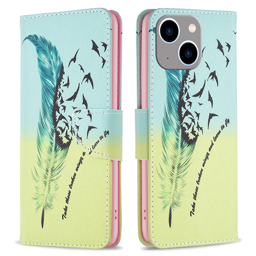 Pattern Printing Phone Leather Case for iPhone 15 Plus , Stand Wallet Full Protection Cover - Feather and Birds Pattern Printing Phone Leather Case for iPhone 15 Plus , Stand Wallet Full Protection Cover - Feather and Birds